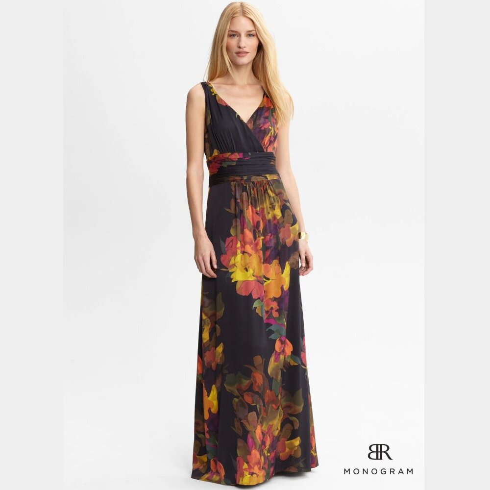 Banana Republic Black Maxi Dress with Multicolor Floral Design